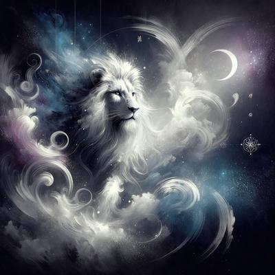 Lion: The primary subject of the image is a lion, which is the main focus of the scene.

Setting/background: The lion is depicted in a cloudy, celestial setting, with a backdrop of stars and a moon visible in the background.

Visual style: The image is a digital art or illustration, showcasing the lion in a detailed and artistic manner.

Colors and mood: The image features a predominantly blue color scheme, which gives it a serene and celestial atmosphere.